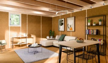 Bureau de jardin lumineux avec mobilier moderne et murs texturés en bois clair