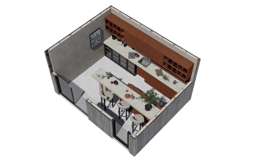 plan Axo d'un Studio Français aménager en cuisine bar