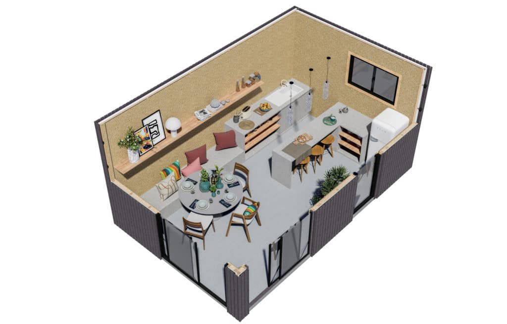 Rendu 3D intérieur d'un Studio Français amenager en cuisine salle à manger