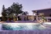 Bureau de jardin en bois avec terrasse et piscine, ambiance crépusculaire paisible