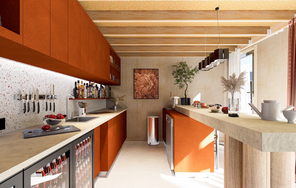 Intérieur de studio aménagé en cuisine avec façades orange, plafond bois et plan de travail béton