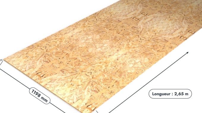 Panneau OSB 3 à bords droits – Dimensions 1196x2650 mm – Épaisseur 12 mm, pièce cotée, Studio Français