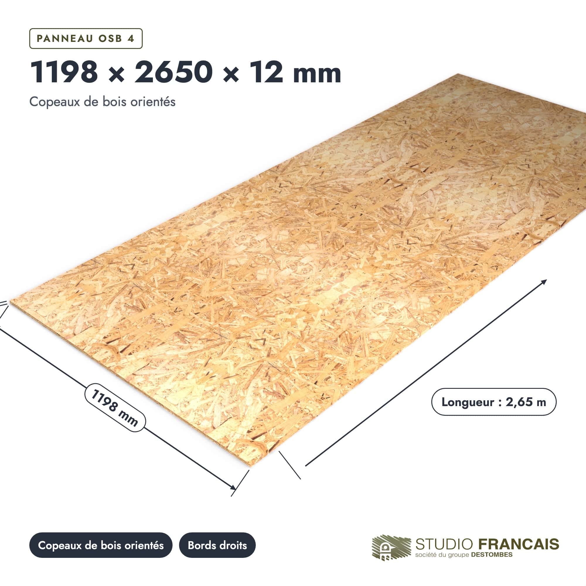 Panneau OSB 3 à bords droits – Dimensions 1196x2650 mm – Épaisseur 12 mm, pièce cotée, Studio Français