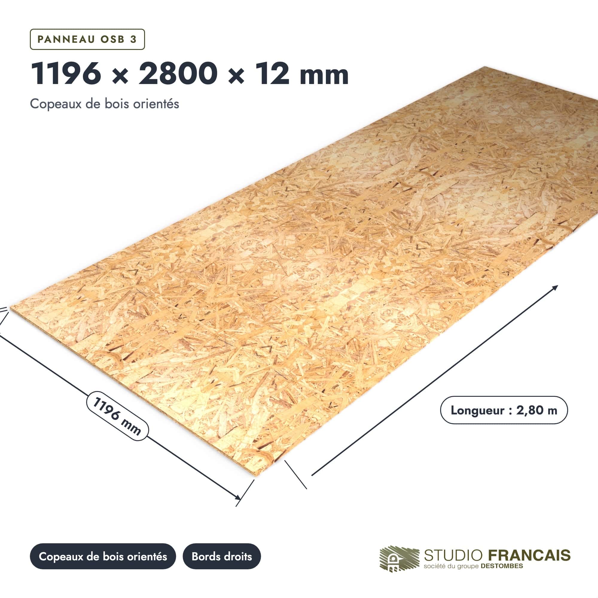 Panneau OSB 2800x12 grand format pour murs hauts et pignons, pièce cotée, Studio Français