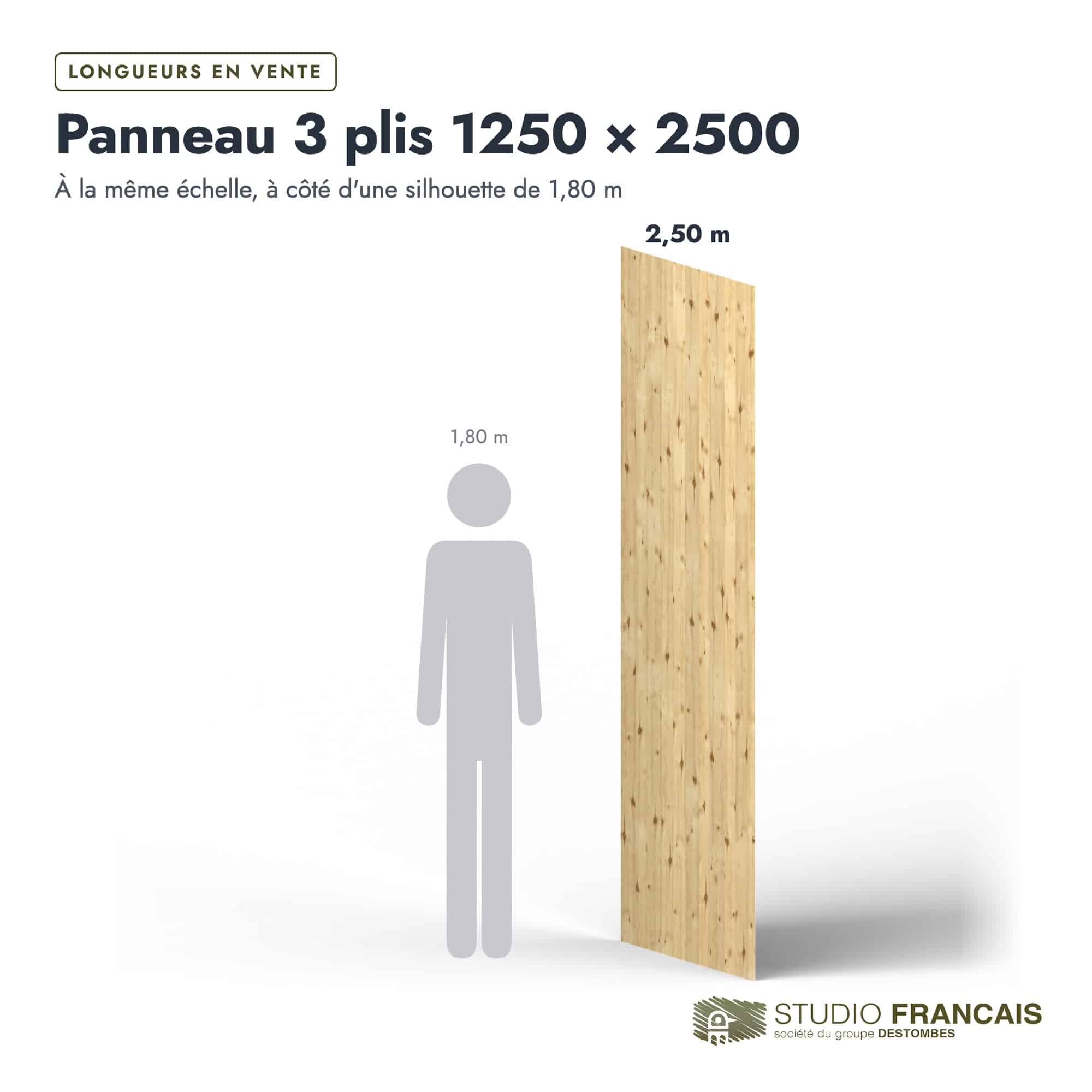 Panneau 3 plis en épicéa – Dimensions 1250x2500 mm – Épaisseur 12 mm, longueurs, Studio Français