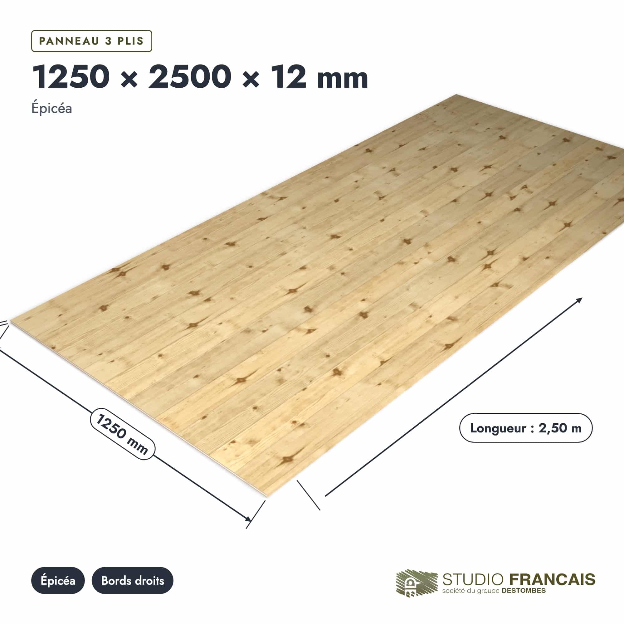 Panneau 3 plis en épicéa – Dimensions 1250x2500 mm – Épaisseur 12 mm, pièce cotée, Studio Français