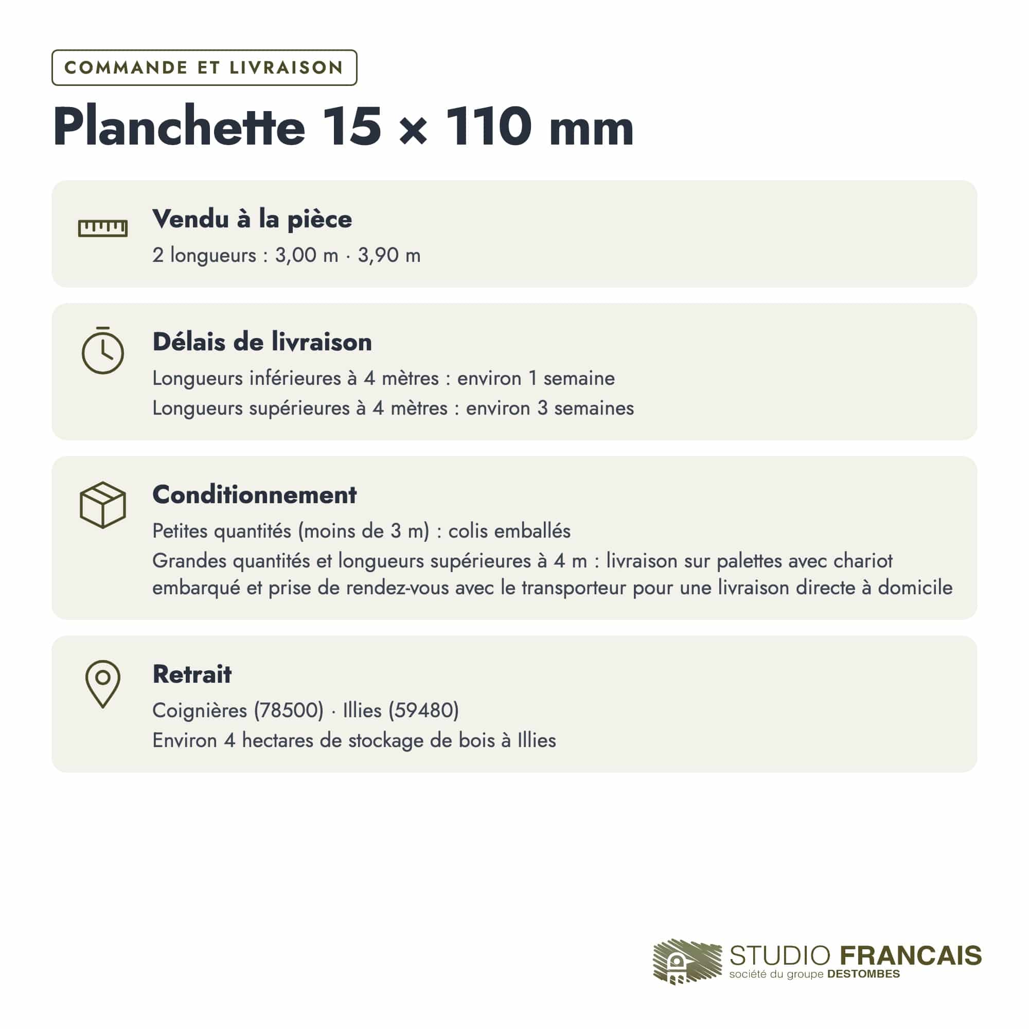 Planchette en pin sylvestre traité autoclave classe 4 – Section 15x110 mm, commande et livraison, Studio Français