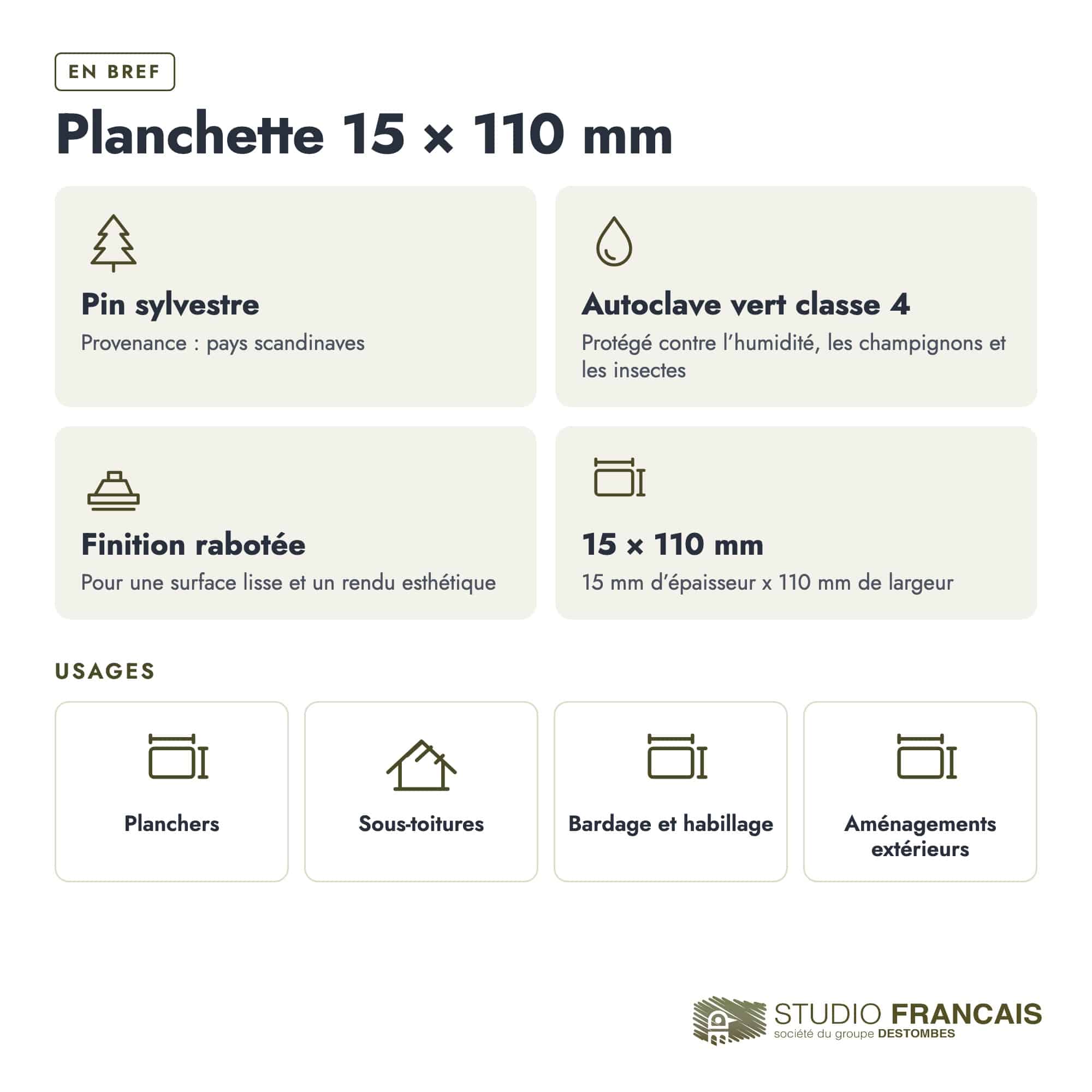 Planchette en pin sylvestre traité autoclave classe 4 – Section 15x110 mm, en bref, Studio Français