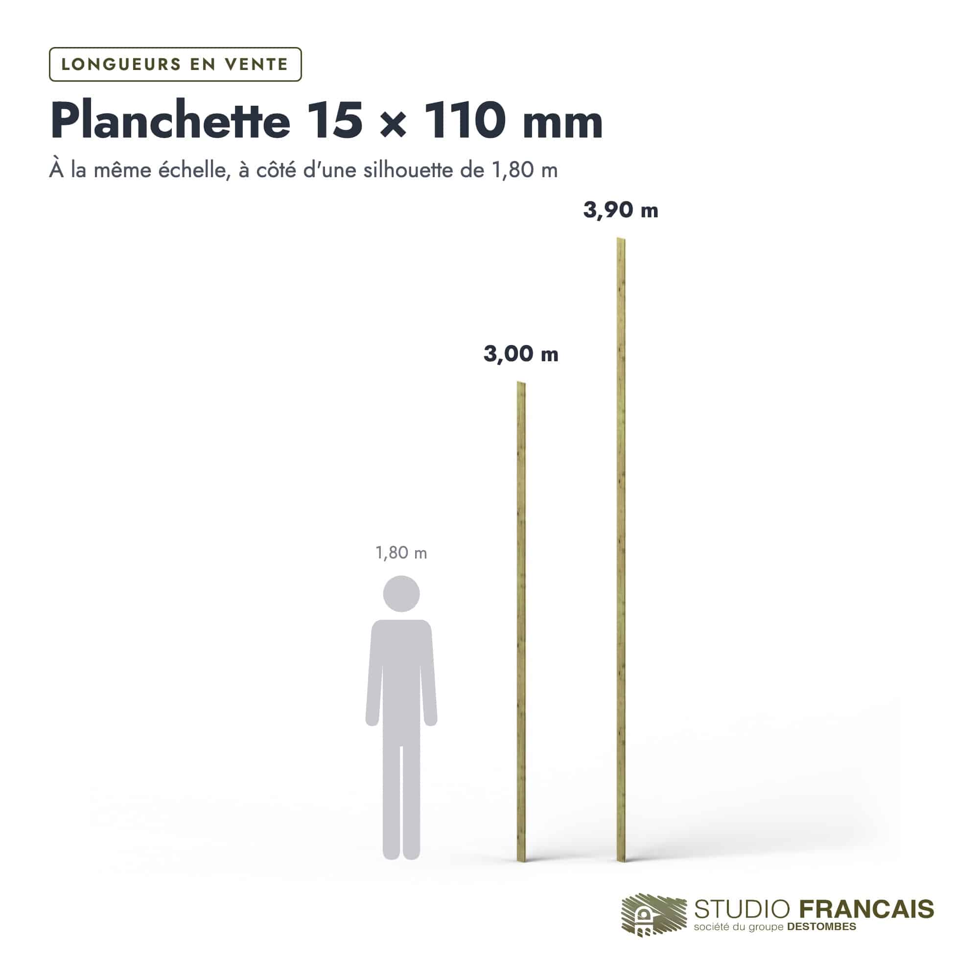 Planchette en pin sylvestre traité autoclave classe 4 – Section 15x110 mm, longueurs, Studio Français