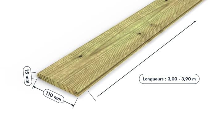 Planchette pin 15x110 emboîtable pour sous-face, habillage et plancher : pièce cotée et longueurs