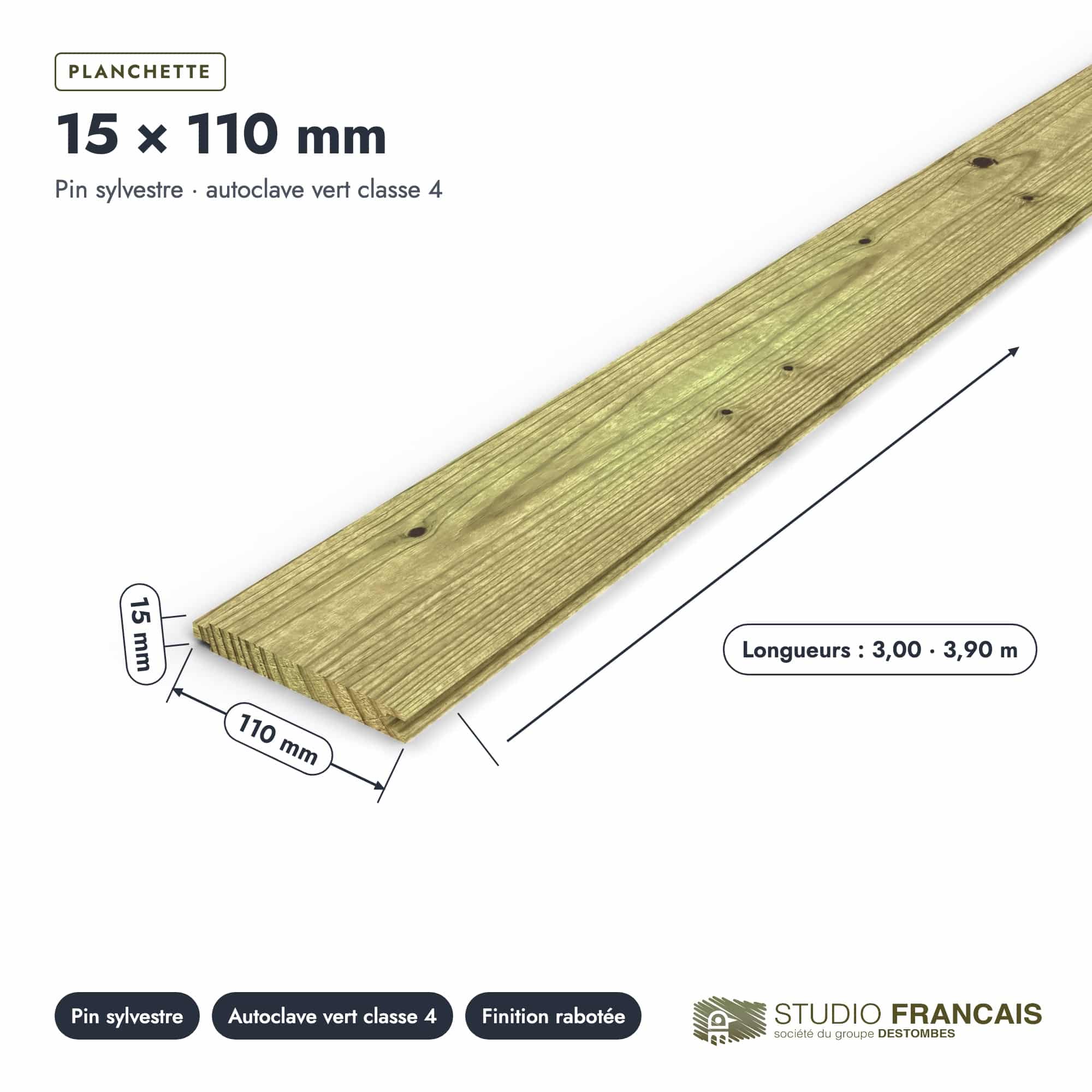 Planchette en pin sylvestre traité autoclave classe 4 – Section 15x110 mm, pièce cotée, Studio Français