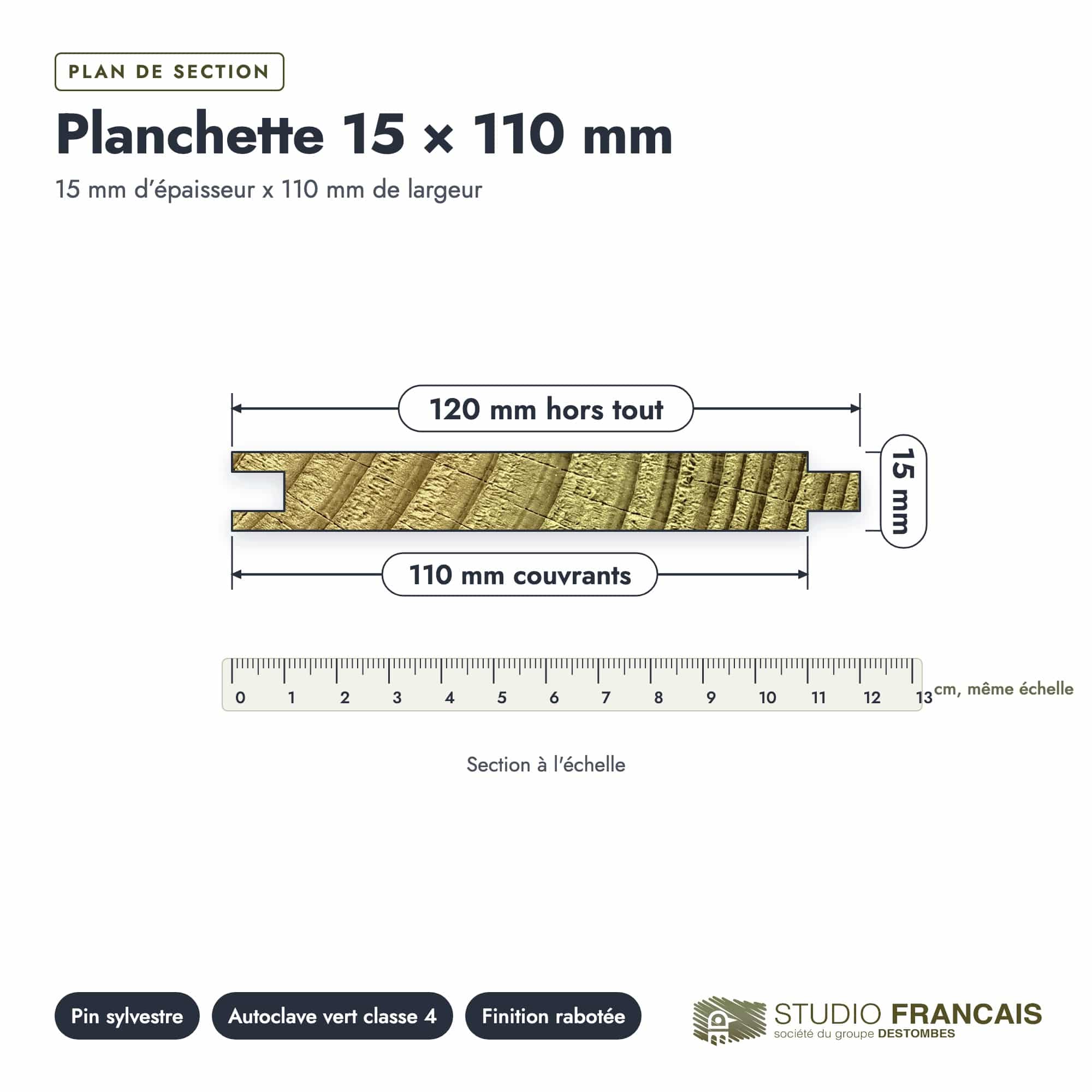 Planchette en pin sylvestre traité autoclave classe 4 – Section 15x110 mm, plan de section, Studio Français