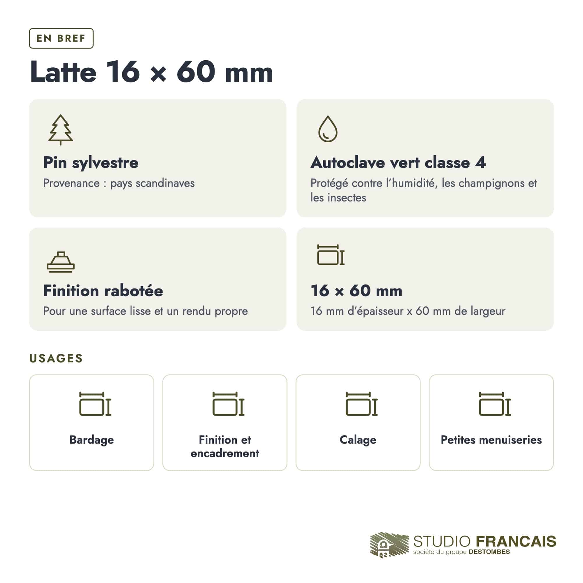 Latte en pin sylvestre traité autoclave vert classe 4 – Section 16x60 mm, en bref, Studio Français