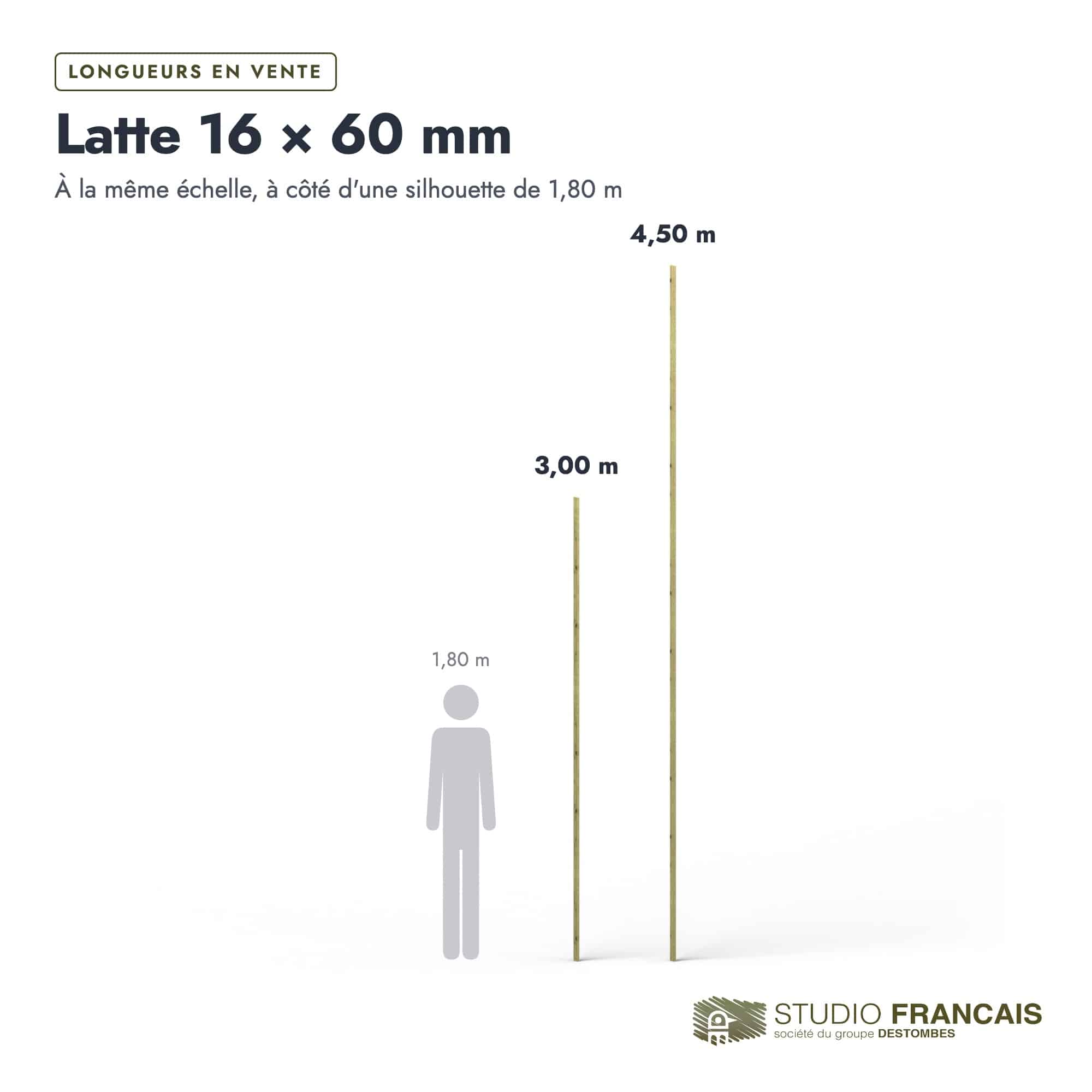 Latte en pin sylvestre traité autoclave vert classe 4 – Section 16x60 mm, longueurs, Studio Français