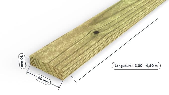 Latte en pin sylvestre traité autoclave vert classe 4 – Section 16x60 mm, pièce cotée, Studio Français
