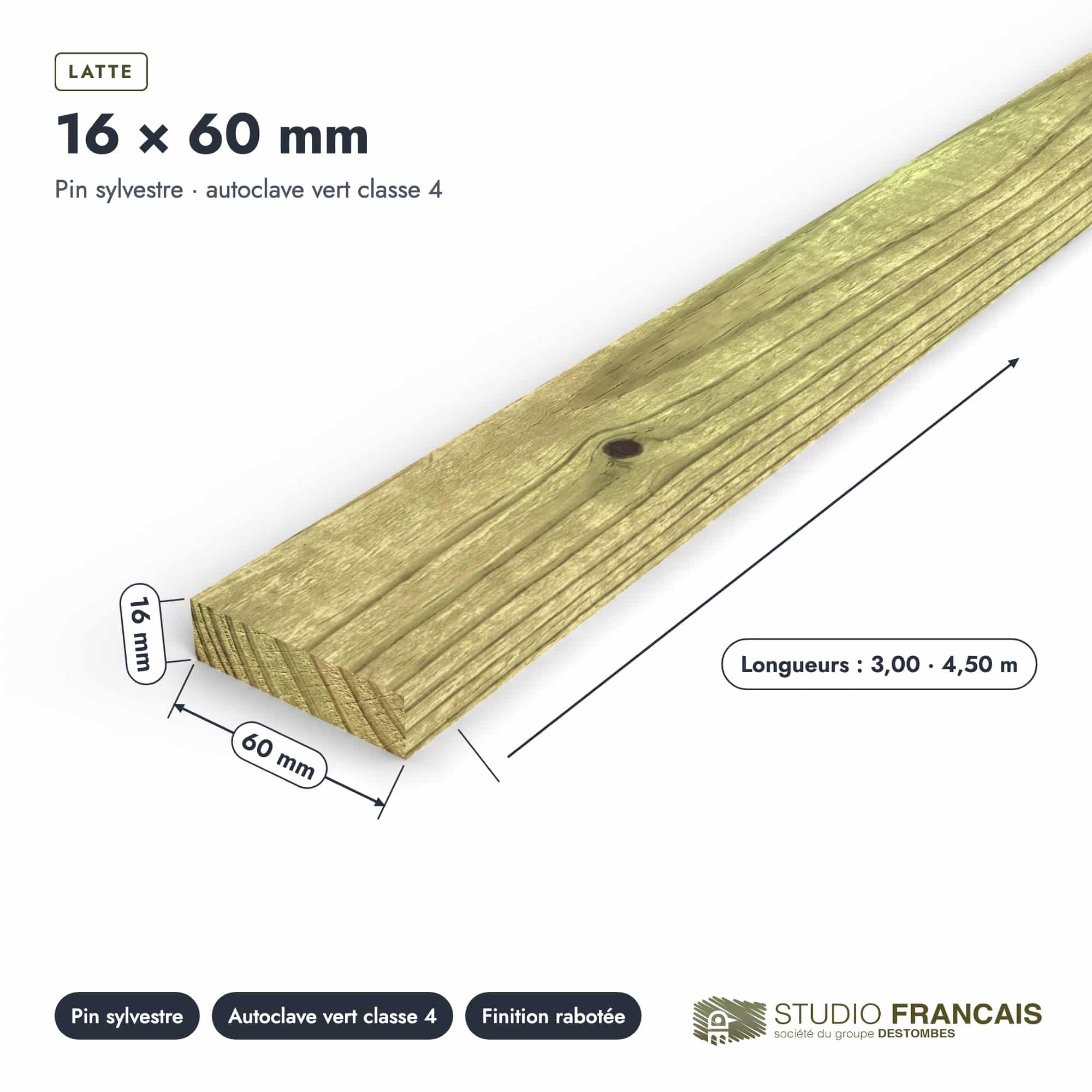 Latte en pin sylvestre traité autoclave vert classe 4 – Section 16x60 mm, pièce cotée, Studio Français
