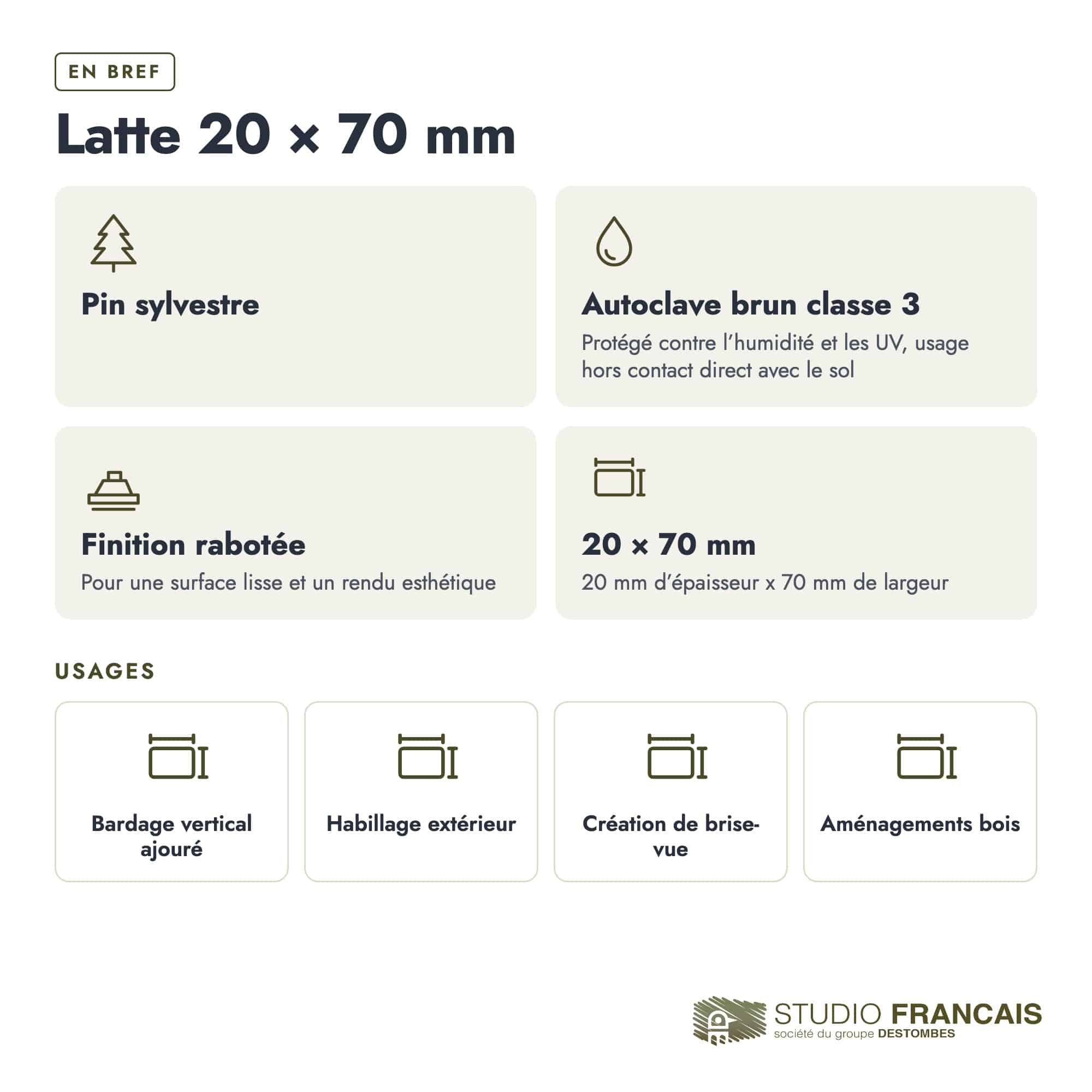 Latte en pin sylvestre traité autoclave brun classe 3 – Section 20x70 mm, en bref, Studio Français