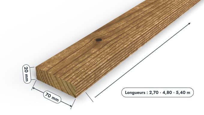Bardage 20x70 brun, latte de pin teintée en autoclave : pièce cotée et longueurs