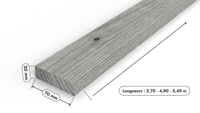 Bardage 20x70 gris, latte de pin pour façade à claire-voie : pièce cotée et longueurs