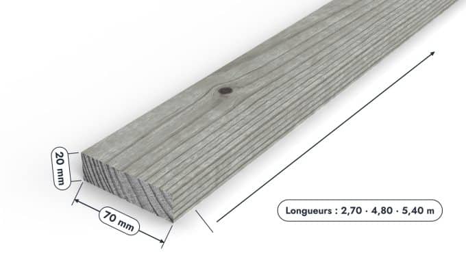 Latte en pin sylvestre traité autoclave gris classe 3 – Section 20x70 mm, pièce cotée, Studio Français