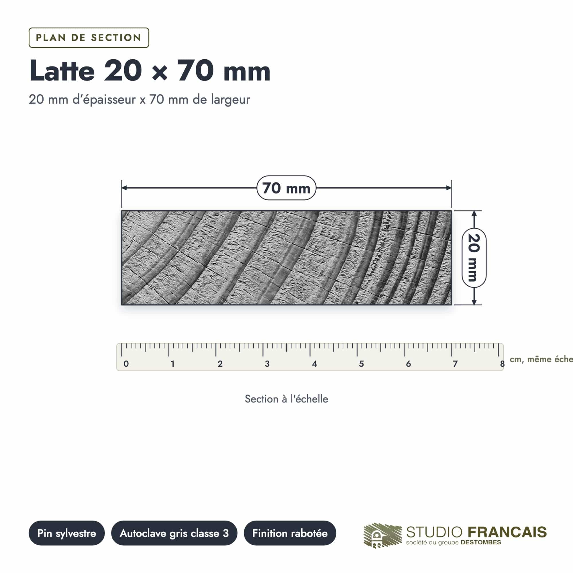 Latte en pin sylvestre traité autoclave gris classe 3 – Section 20x70 mm, plan de section, Studio Français