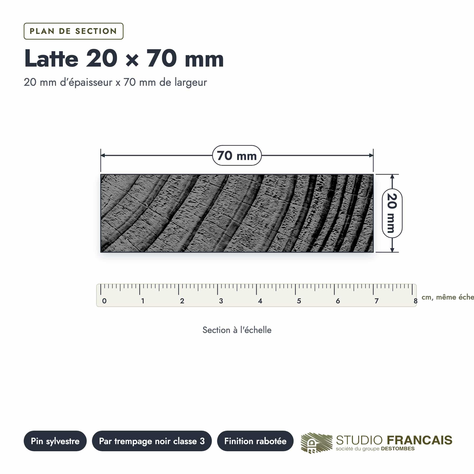 Bardage bois noir en latte de pin 20x70, traitée par trempage, plan de section, Studio Français