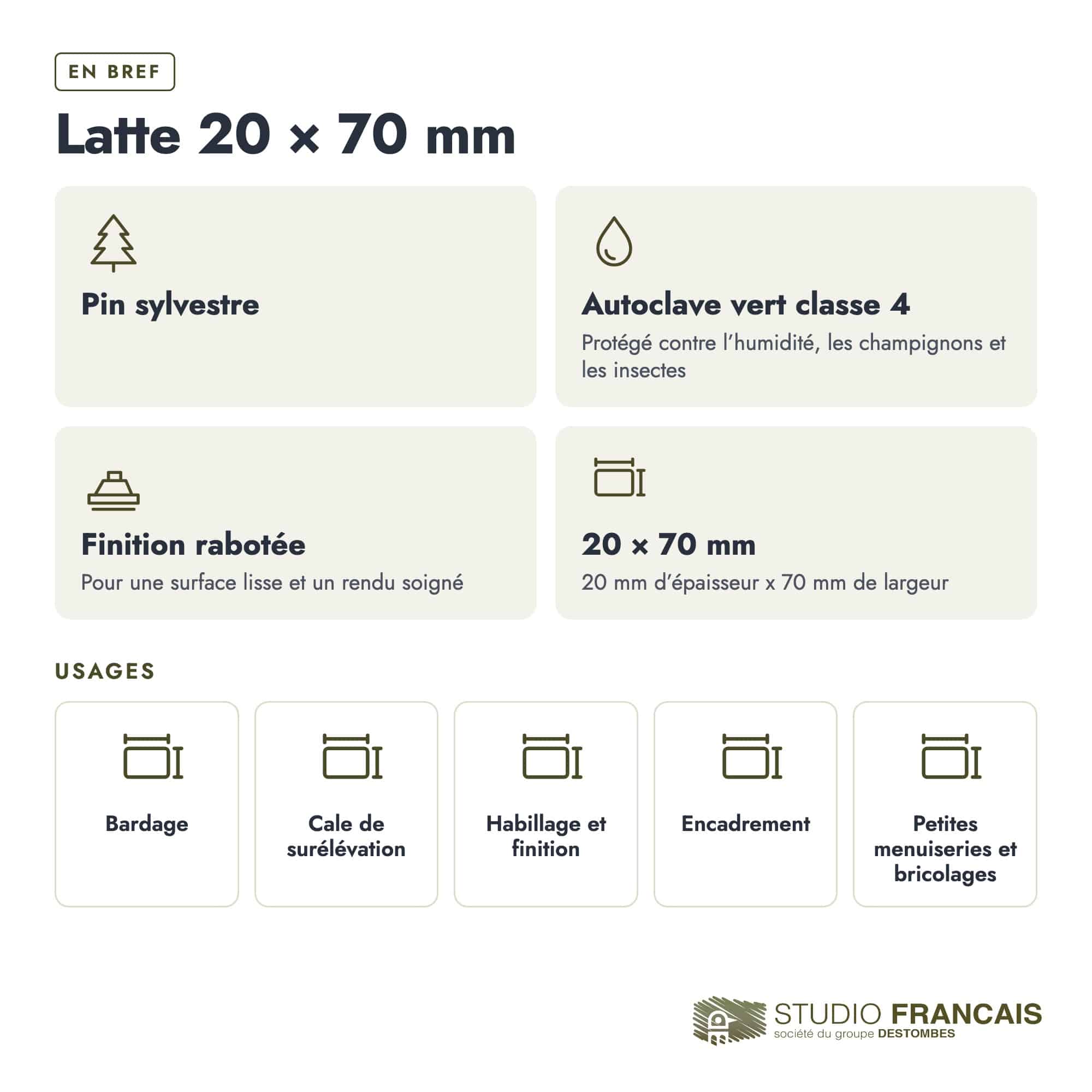 Latte en pin sylvestre traité autoclave vert classe 4 – Section 20x70 mm, en bref, Studio Français