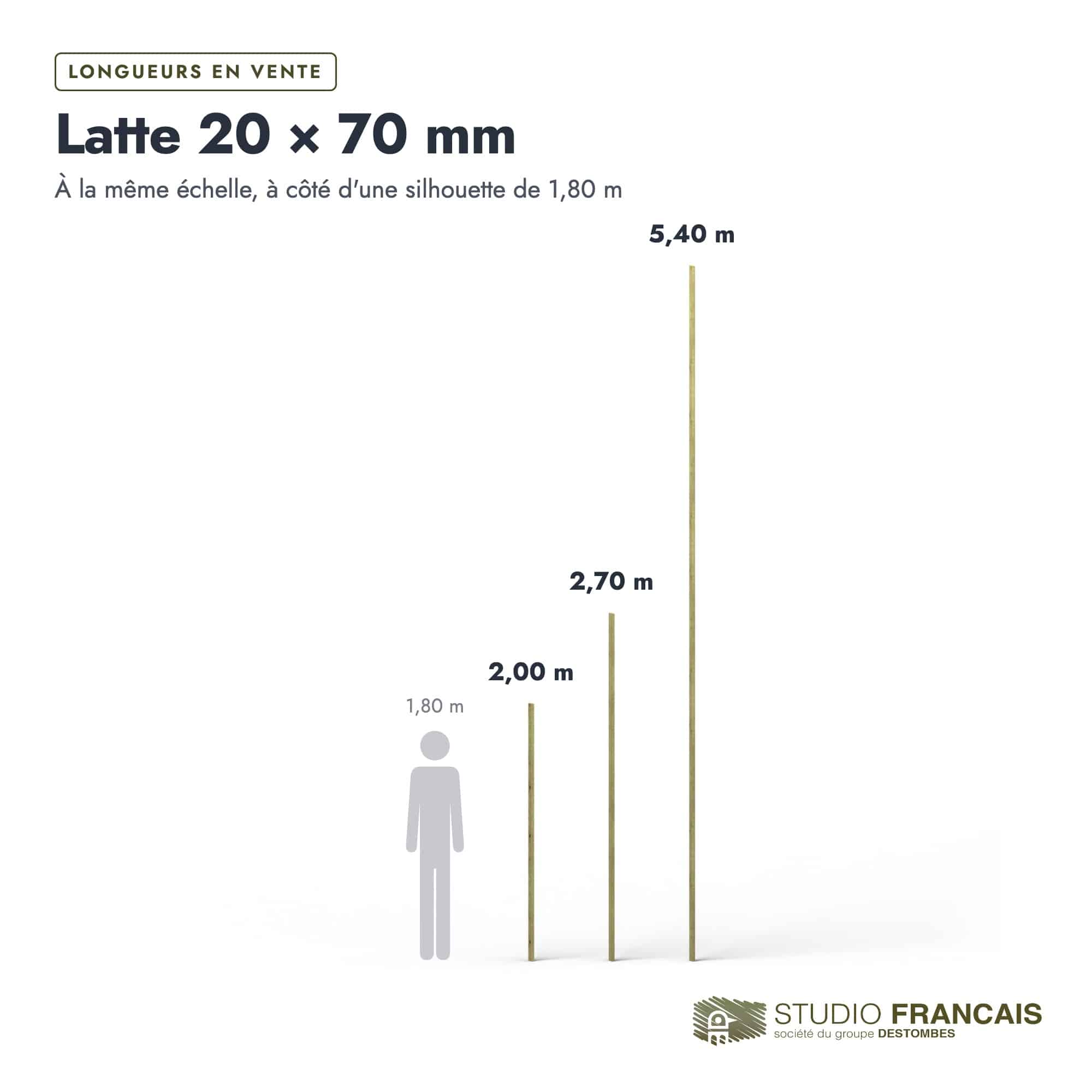 Latte en pin sylvestre traité autoclave vert classe 4 – Section 20x70 mm, longueurs, Studio Français