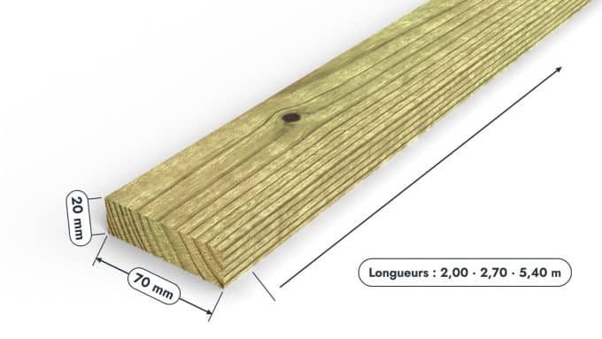 Bardage 20x70 vert, latte de pin sylvestre autoclave rabotée : pièce cotée et longueurs