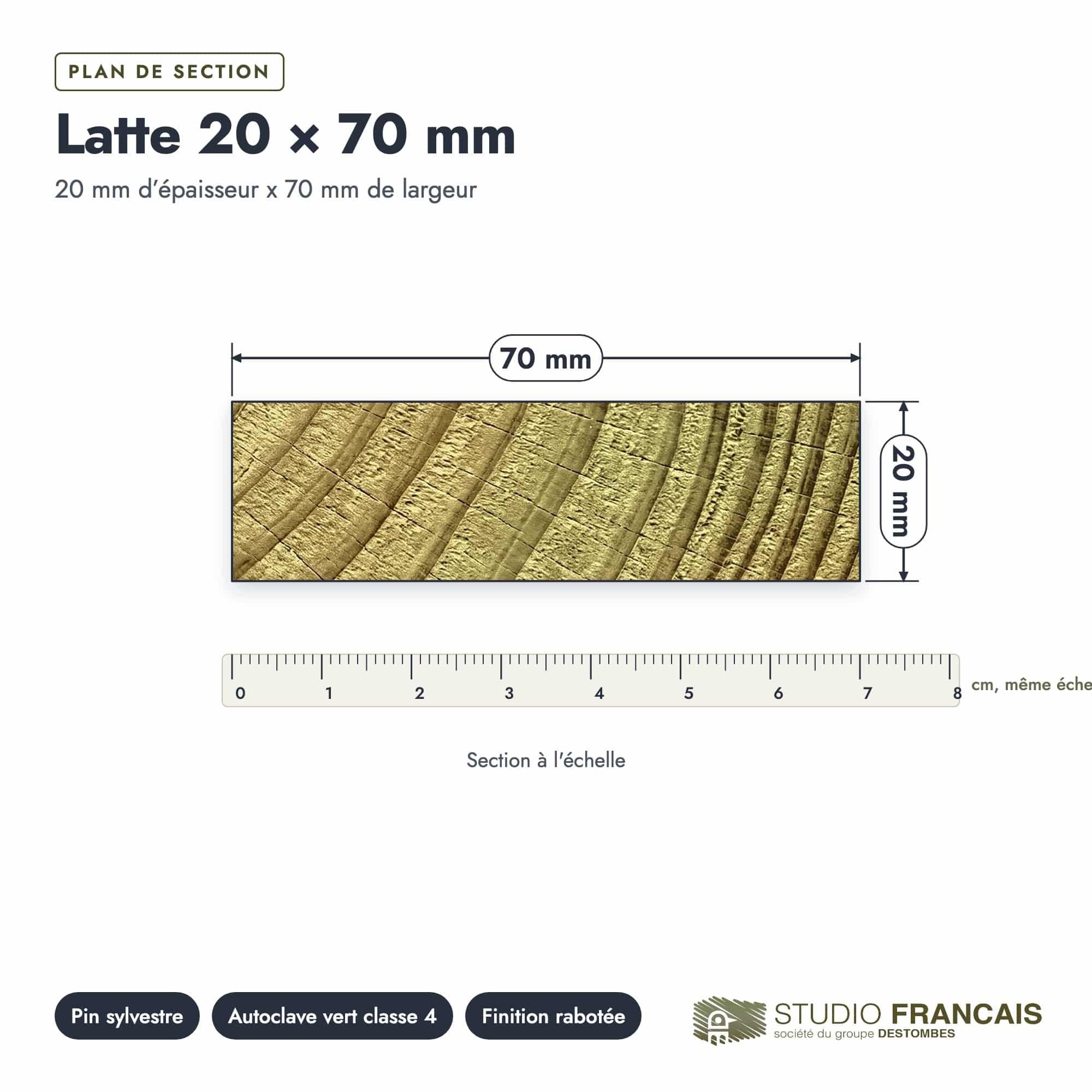 Latte en pin sylvestre traité autoclave vert classe 4 – Section 20x70 mm, plan de section, Studio Français