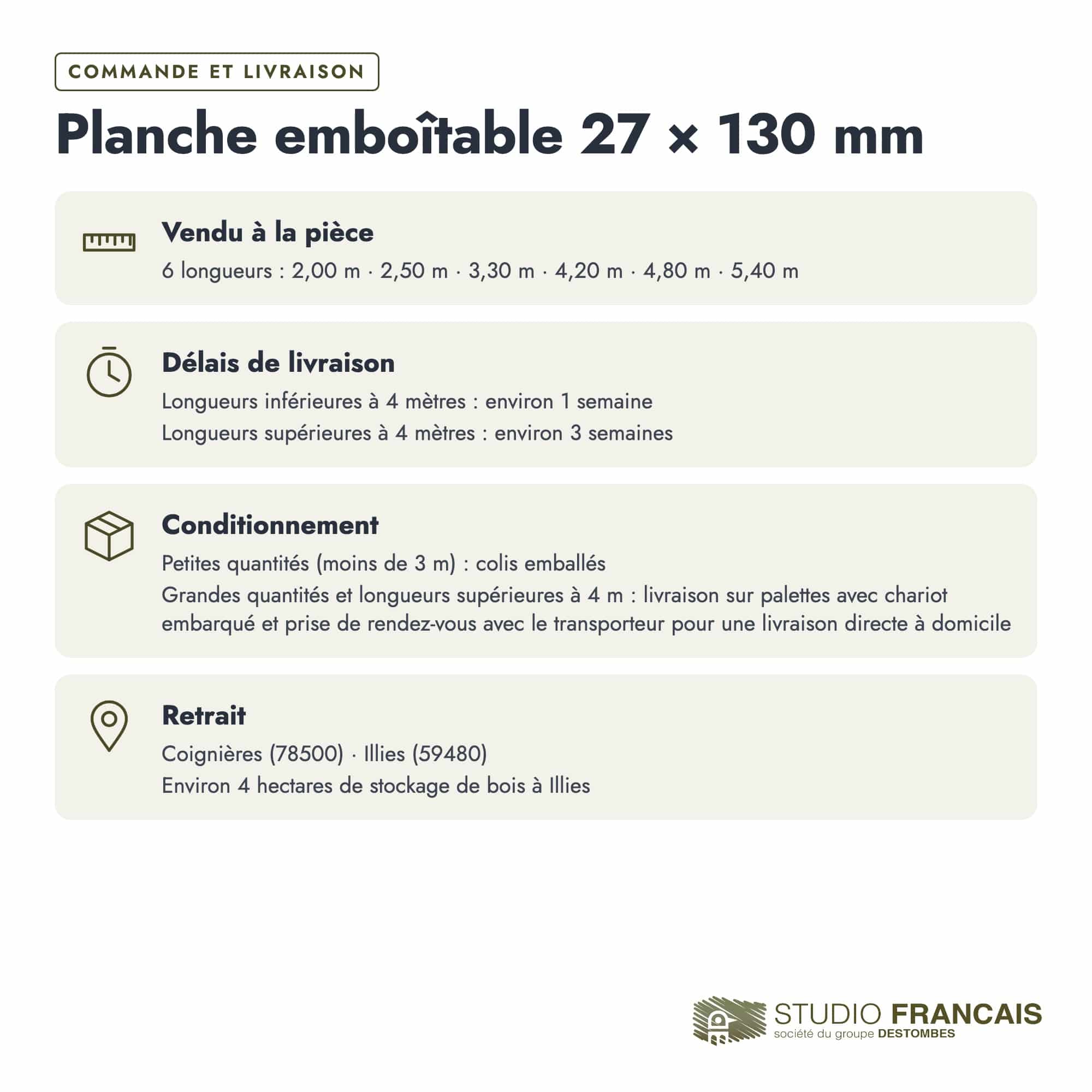 Planche emboîtable en pin sylvestre traité autoclave vert classe 4 – Section 27x130 mm, commande et livraison, Studio Français