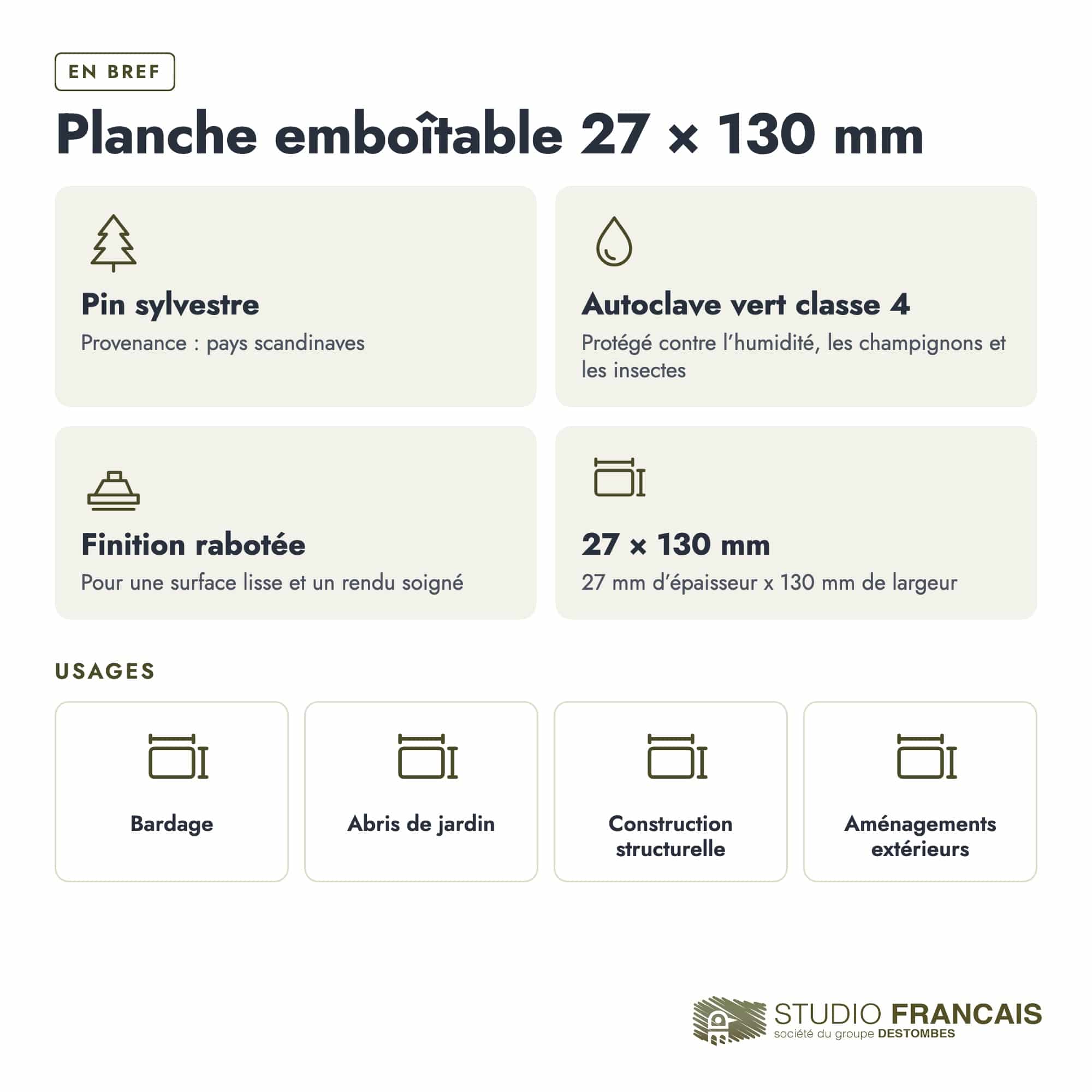 Planche emboîtable en pin sylvestre traité autoclave vert classe 4 – Section 27x130 mm, en bref, Studio Français