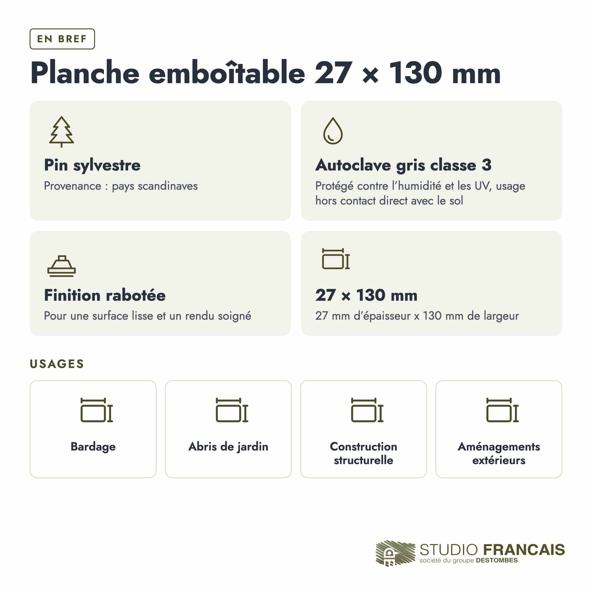 Planche emboîtable en pin sylvestre traité autoclave gris classe 3 – Section 27x130 mm, en bref, Studio Français
