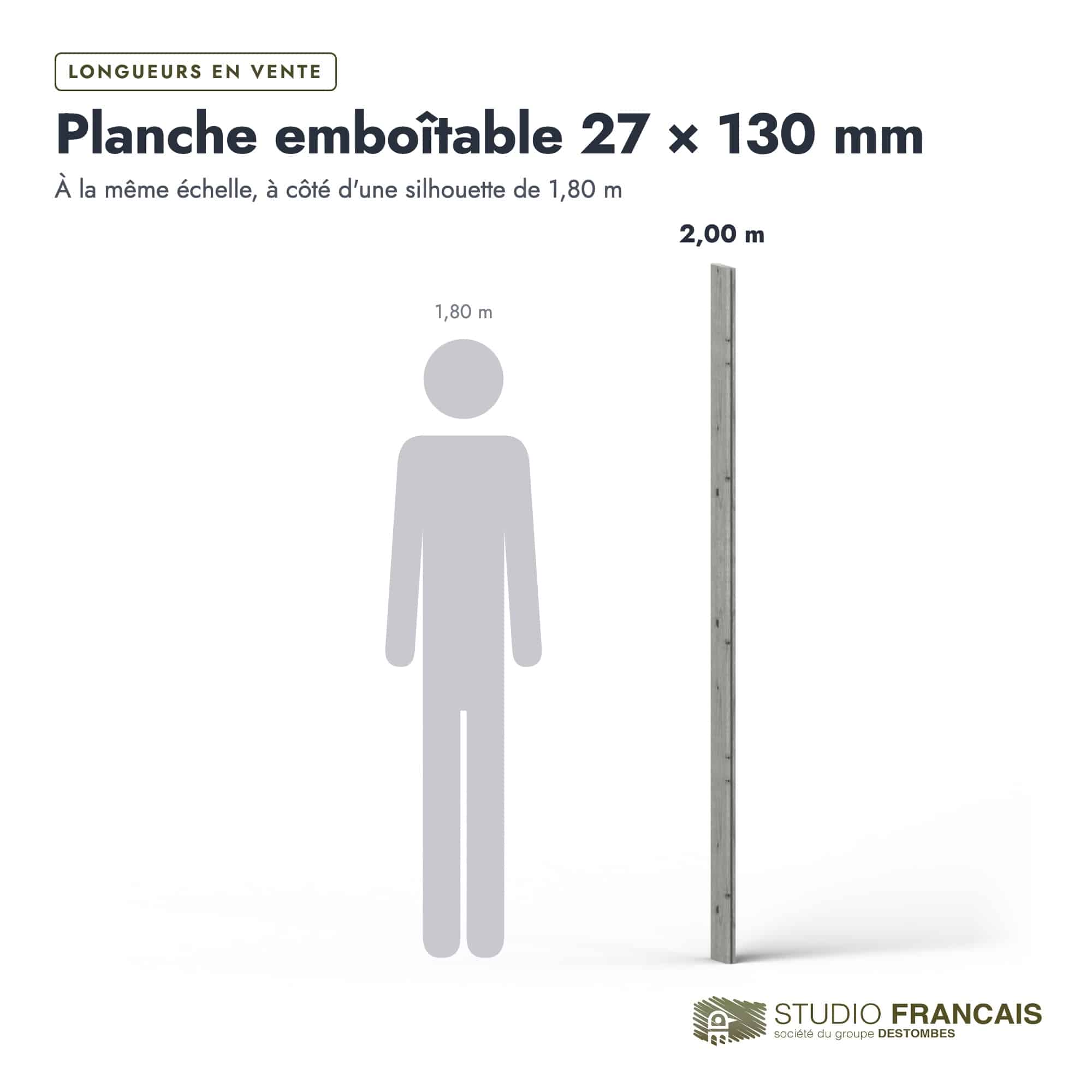Planche emboîtable en pin sylvestre traité autoclave gris classe 3 – Section 27x130 mm, longueurs, Studio Français