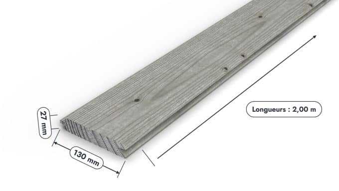 Bardage gris 27x130 en planches emboîtables de pin autoclave : pièce cotée et longueurs