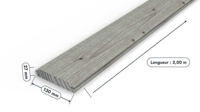 Planche emboîtable en pin sylvestre traité autoclave gris classe 3 – Section 27x130 mm, pièce cotée, Studio Français