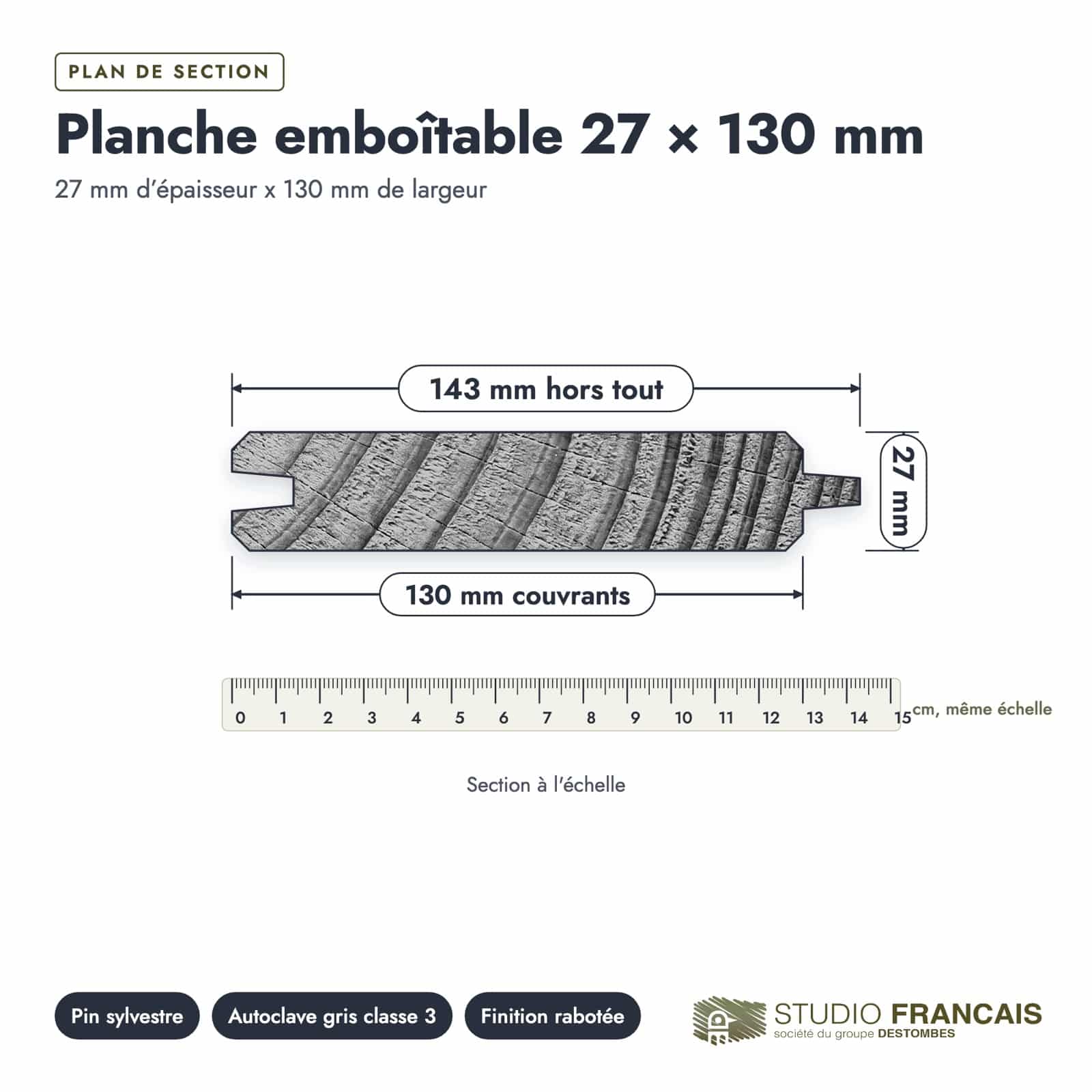 Plan de section coté, sur le vrai bois de bout