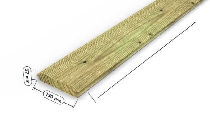 Planche de bardage 27x130 emboîtable, pin sylvestre autoclave vert : pièce cotée et longueurs