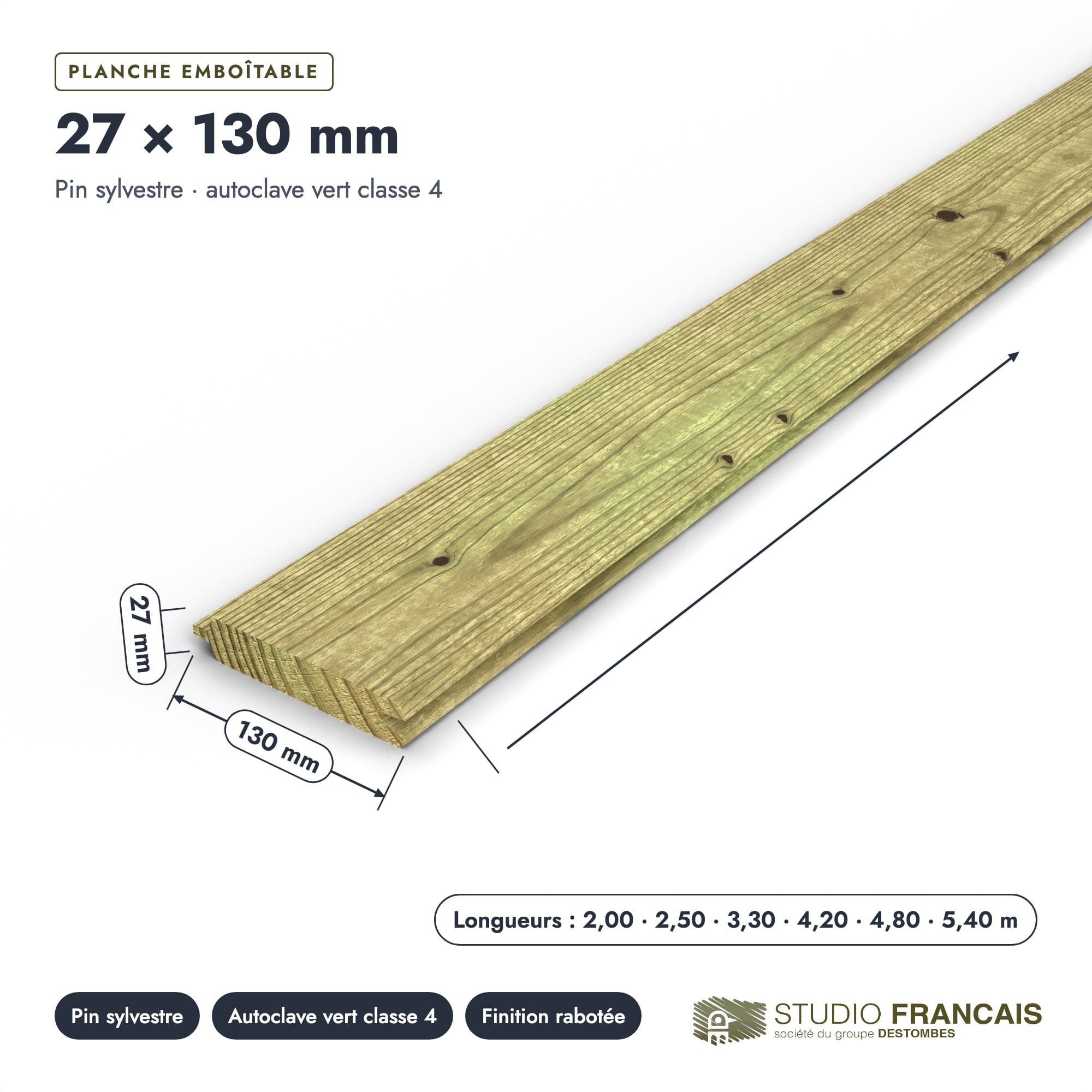 Planche emboîtable en pin sylvestre traité autoclave vert classe 4 – Section 27x130 mm, pièce cotée, Studio Français