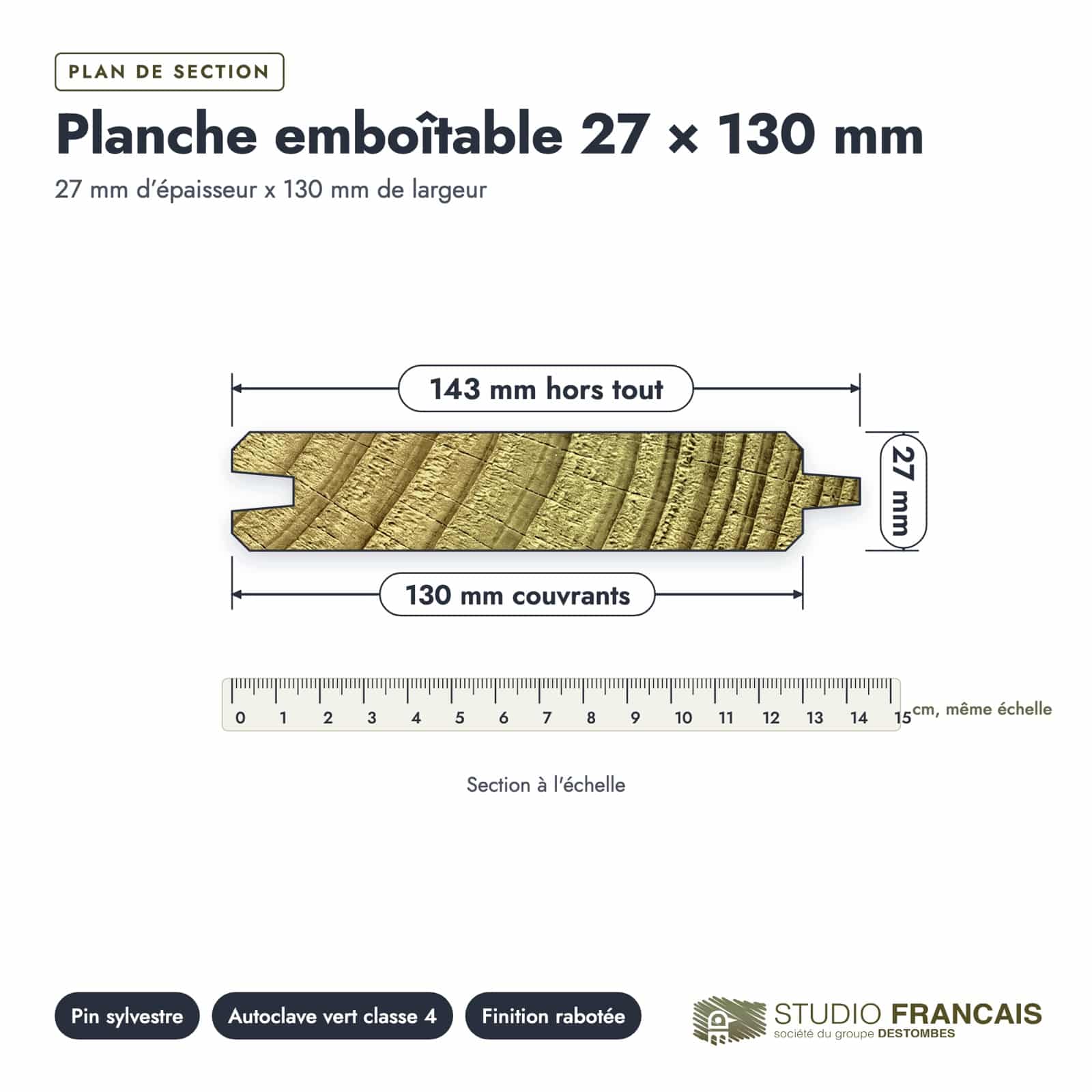 Plan de section coté, sur le vrai bois de bout
