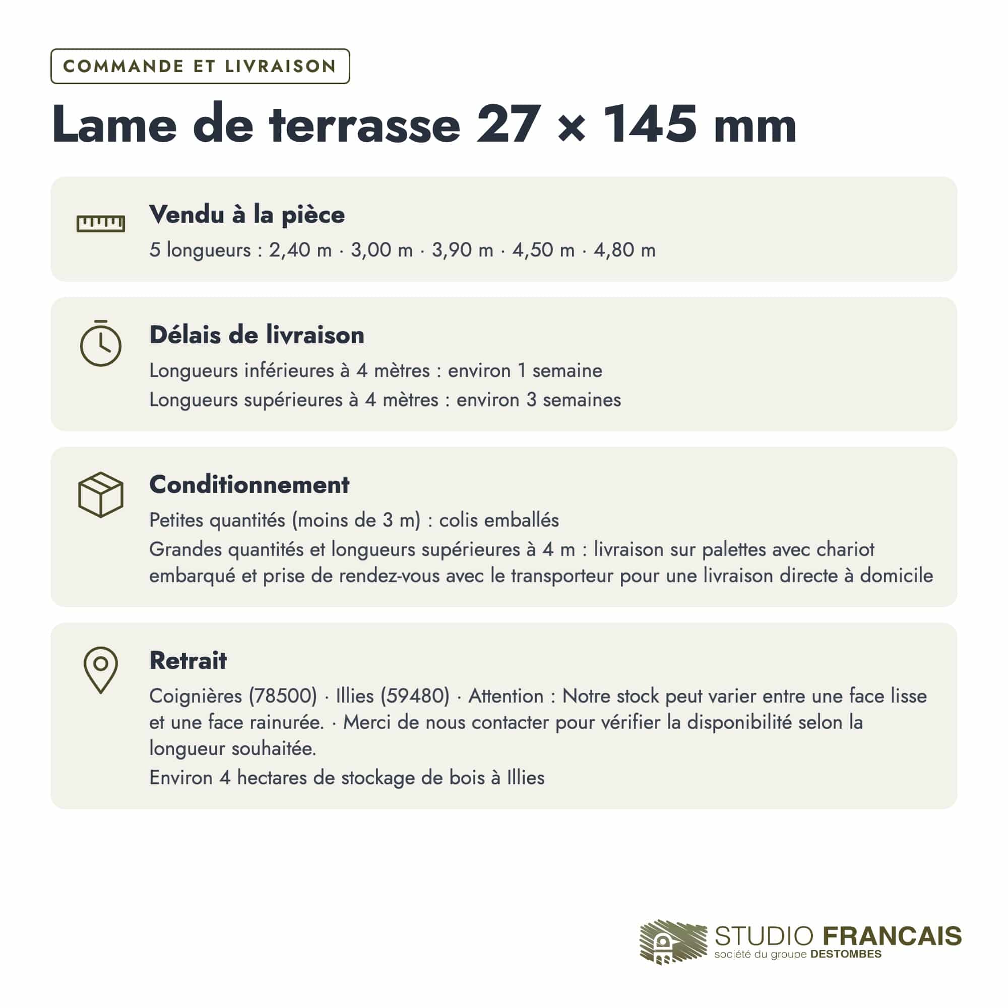 Lame de terrasse en pin sylvestre traité autoclave vert classe 4 – Section 27x145 mm, commande et livraison, Studio Français