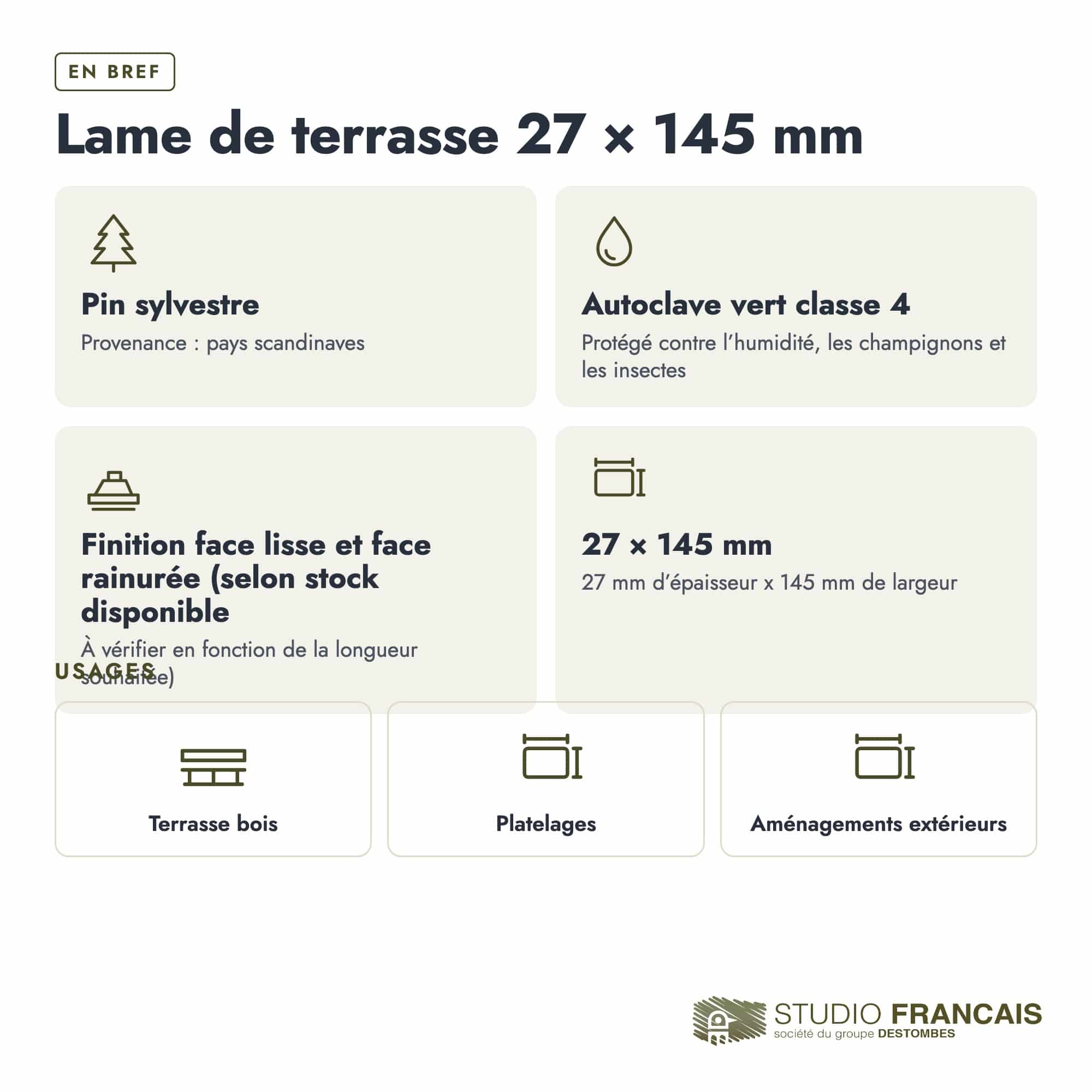 Lame de terrasse en pin sylvestre traité autoclave vert classe 4 – Section 27x145 mm, en bref, Studio Français