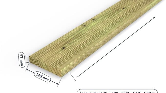 Lame de plancher 27x145 en pin sylvestre autoclave vert : pièce cotée et longueurs