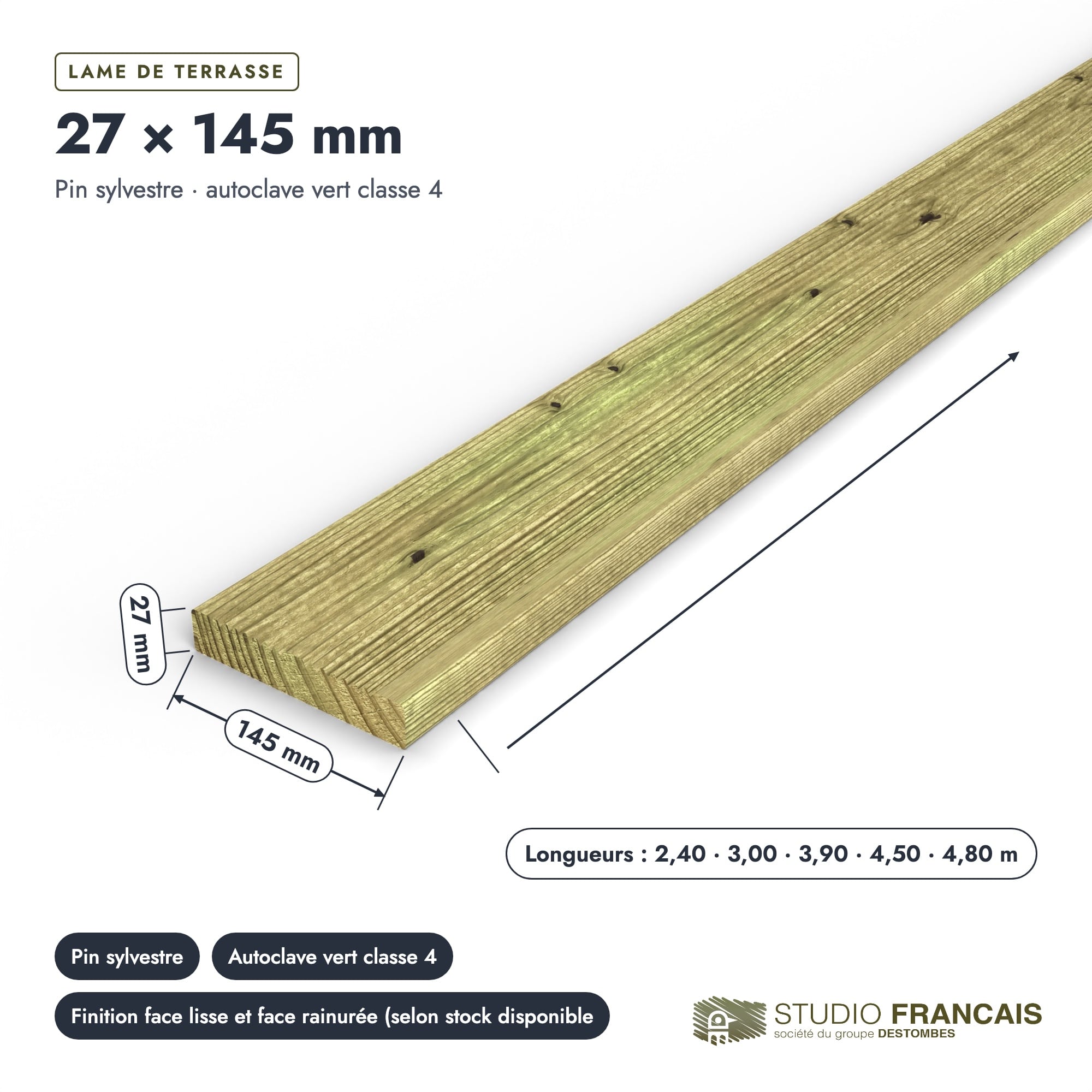 Lame de terrasse en pin sylvestre traité autoclave vert classe 4 – Section 27x145 mm, pièce cotée, Studio Français
