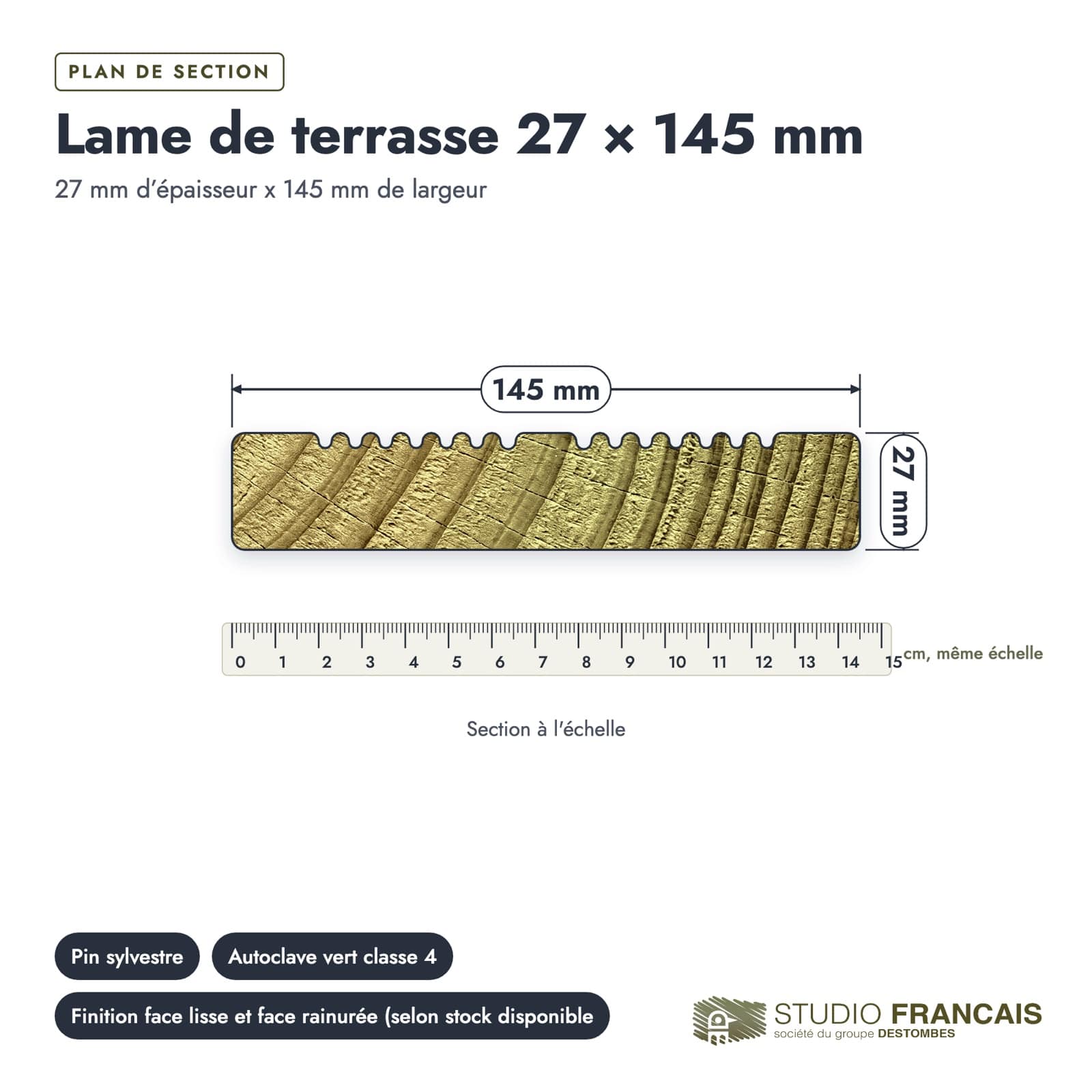 Plan de section coté, sur le vrai bois de bout