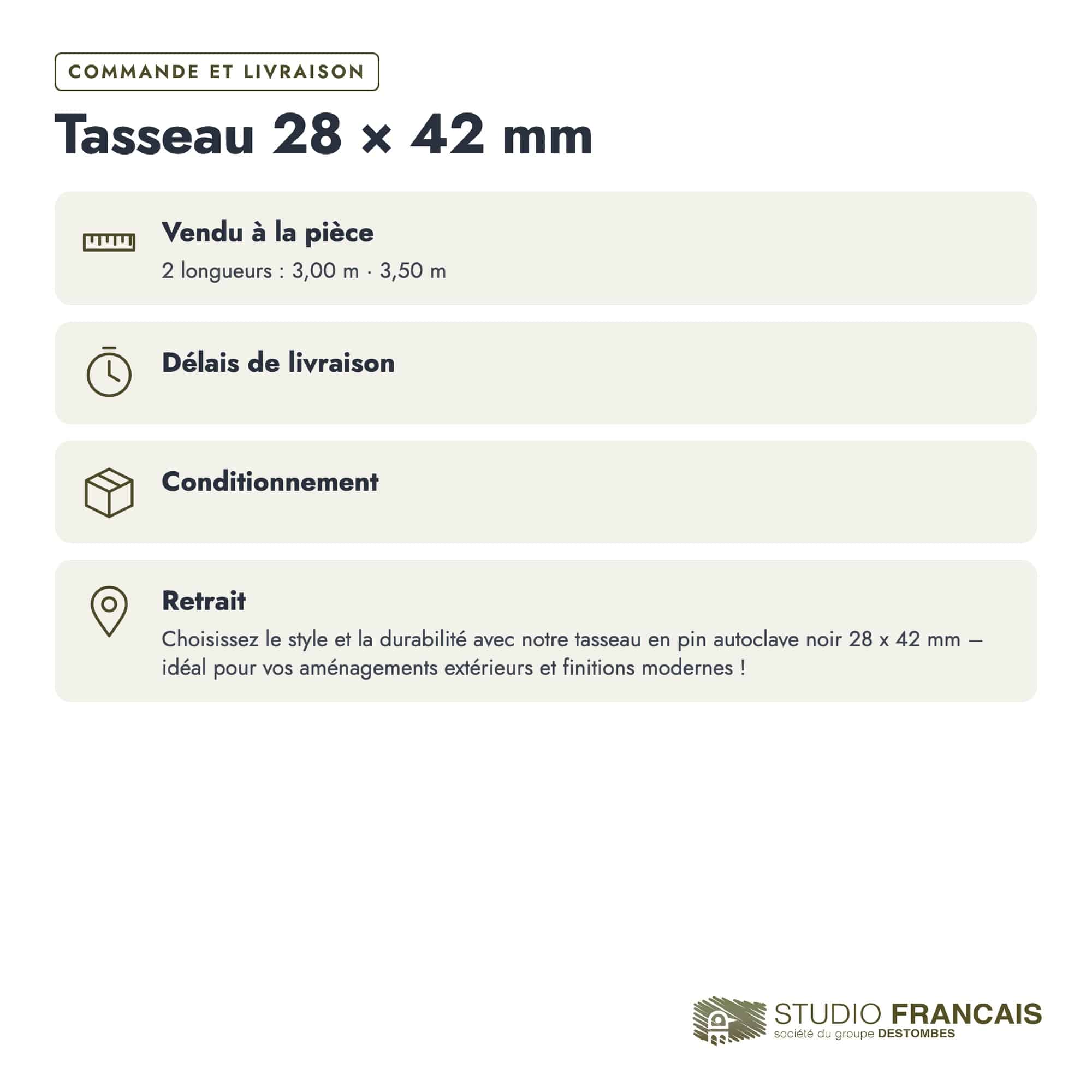 Tasseau en pin sylvestre traité autoclave noir – Section 28x42 mm, commande et livraison, Studio Français
