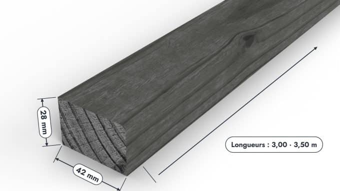 Tasseau en pin sylvestre traité autoclave noir – Section 28x42 mm, pièce cotée, Studio Français