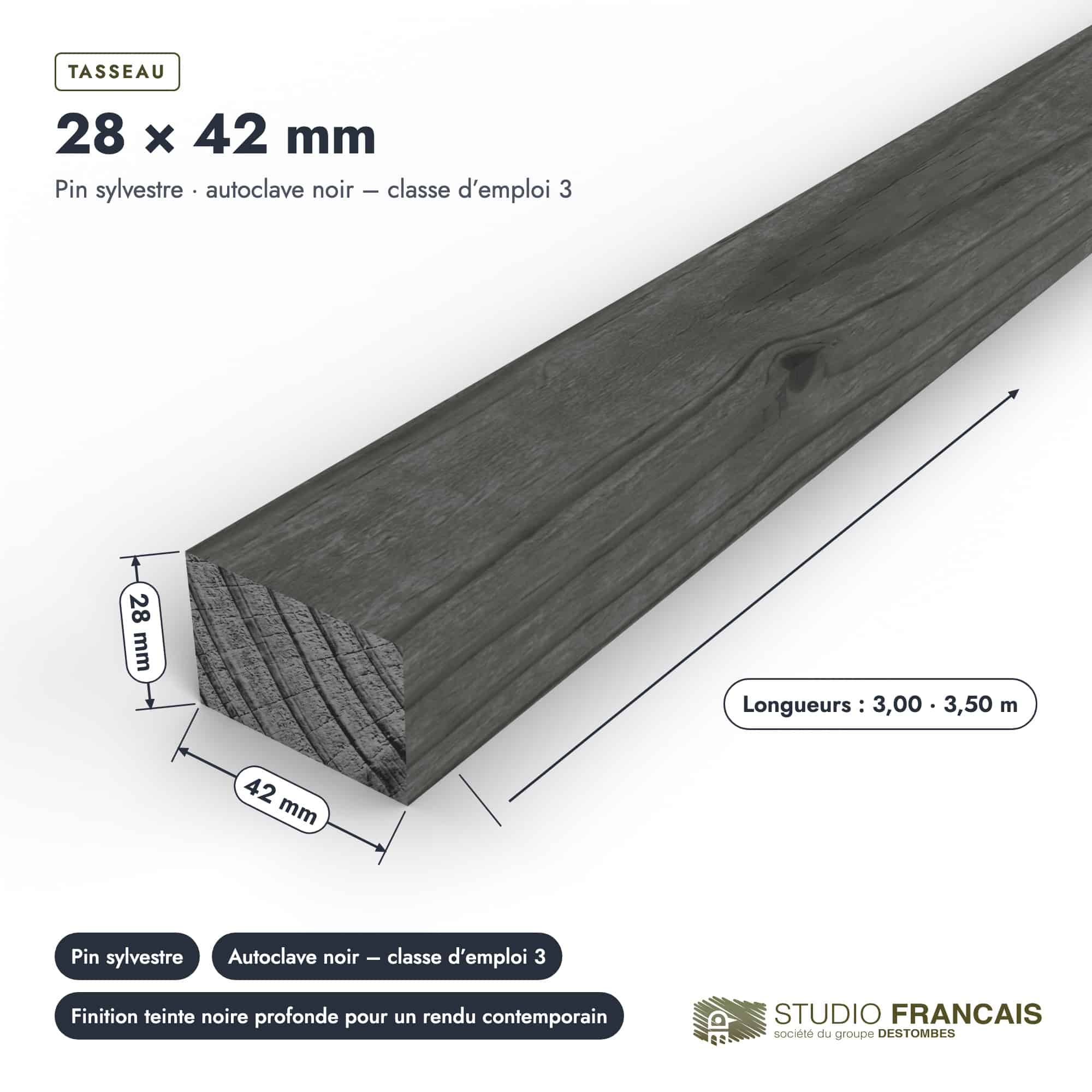 Tasseau en pin sylvestre traité autoclave noir – Section 28x42 mm, pièce cotée, Studio Français