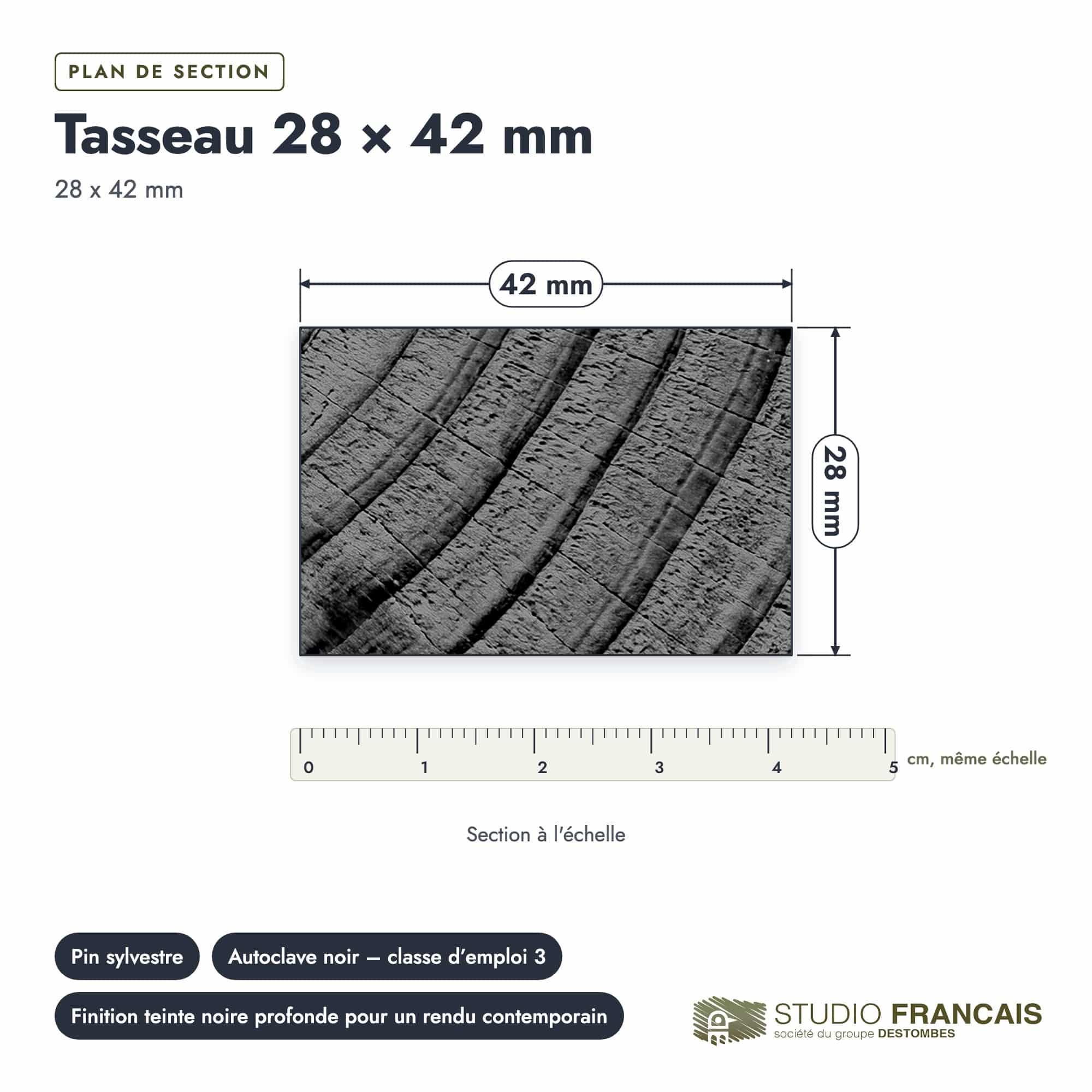 Tasseau en pin sylvestre traité autoclave noir – Section 28x42 mm, plan de section, Studio Français
