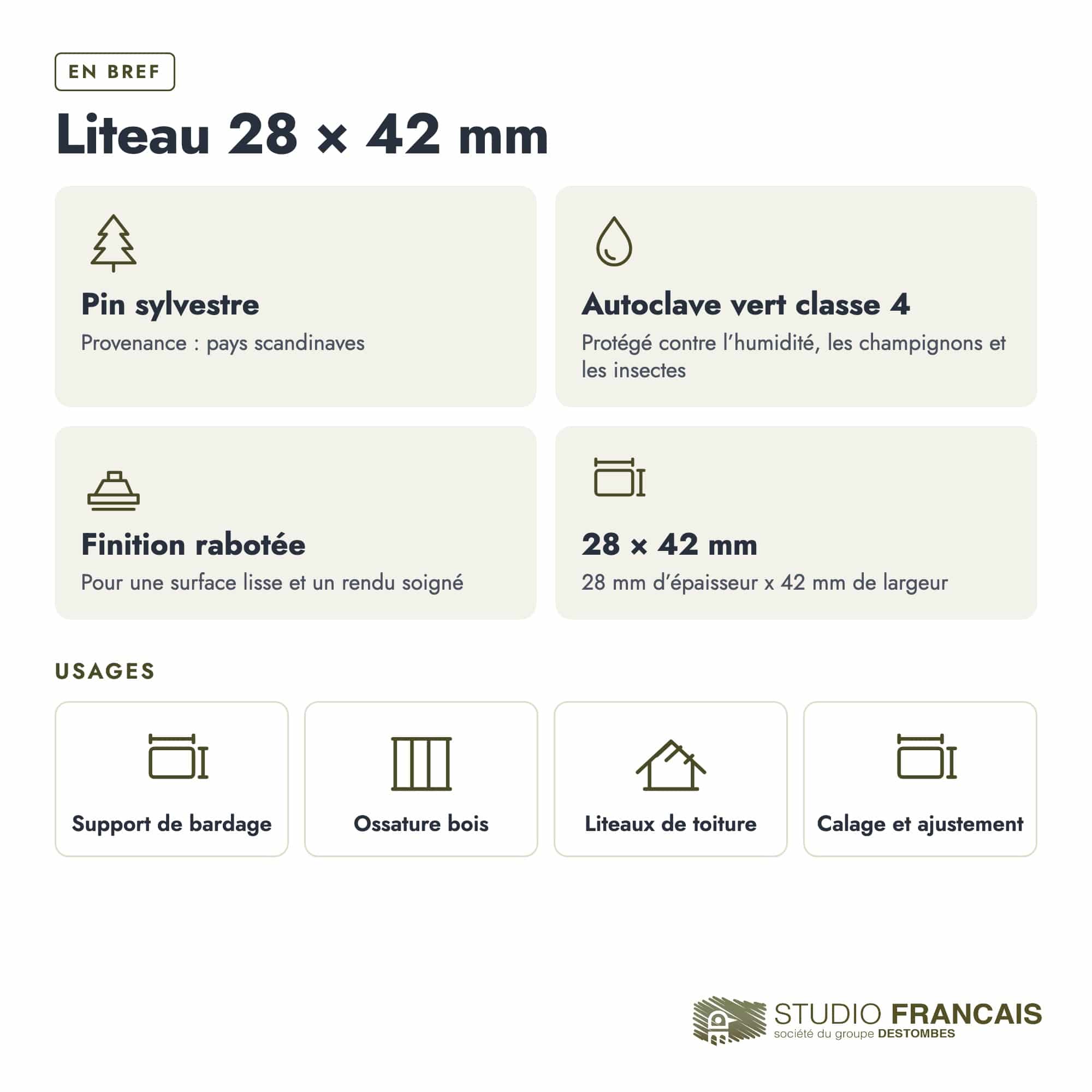 Liteau en pin sylvestre traité autoclave vert classe 4 – Section 28x42 mm, en bref, Studio Français